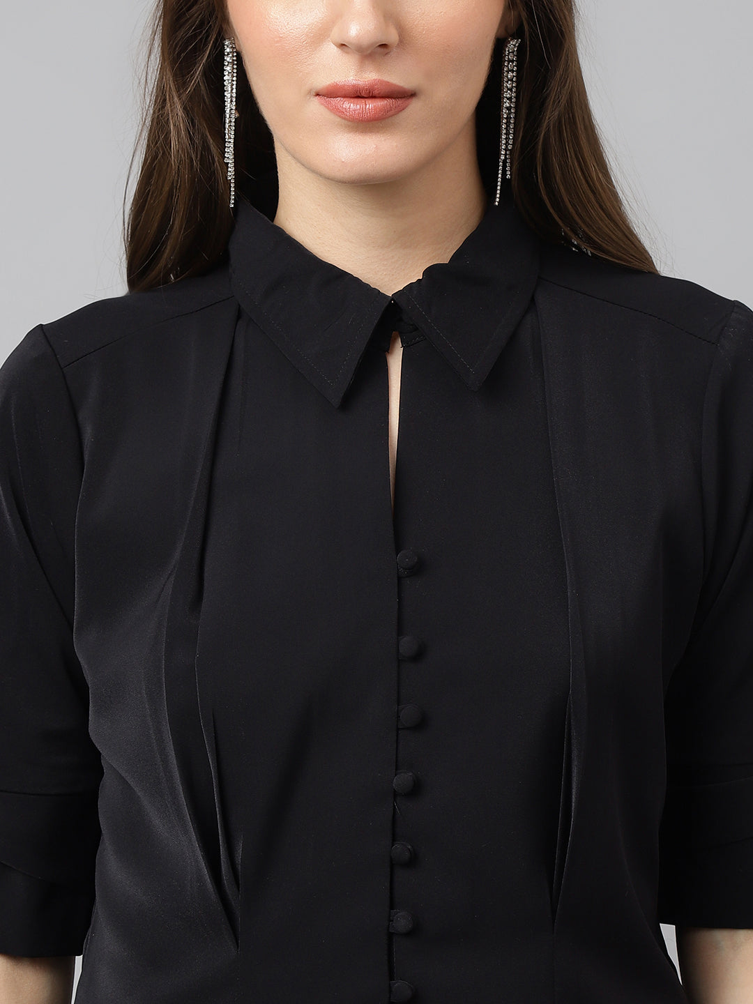Latin Quarters Women'S Black Solid Collared Half Sleeve Casual Shirt