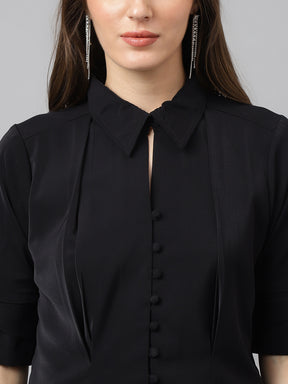 Latin Quarters Women'S Black Solid Collared Half Sleeve Casual Shirt