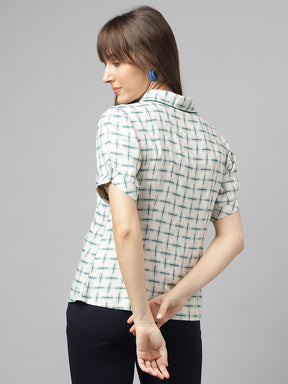 Green Half Sleeve Spread Collar Check Shirt For Casual Wear