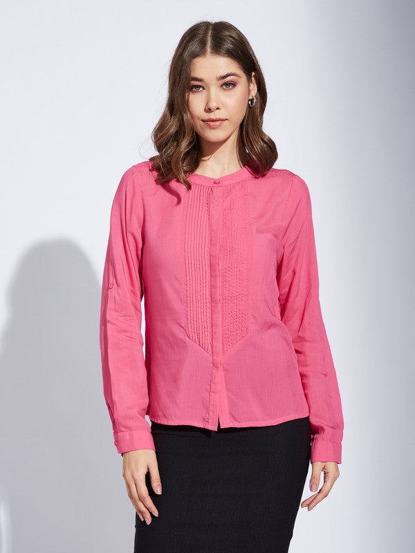 Latin Quarter Women Pink Mandarin Collar Full Sleeve Solid Shirt Blouse