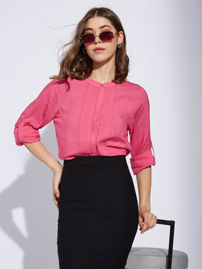 Latin Quarter Women Pink Mandarin Collar Full Sleeve Solid Shirt Blouse