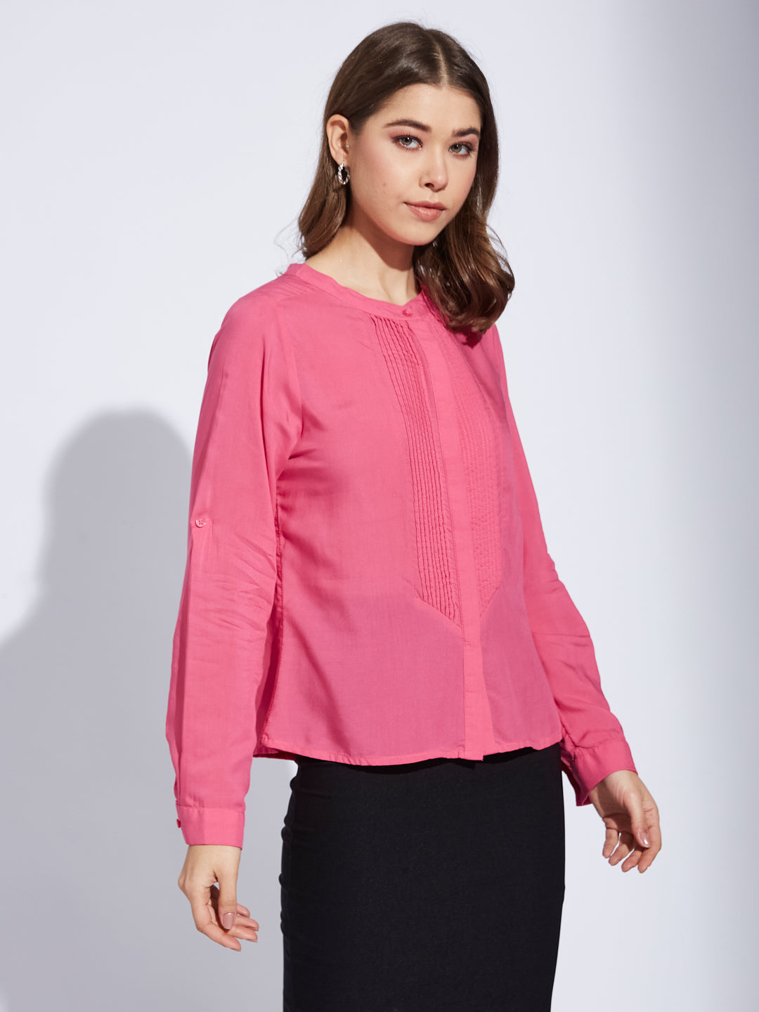 Latin Quarter Women Pink Mandarin Collar Full Sleeve Solid Shirt Blouse