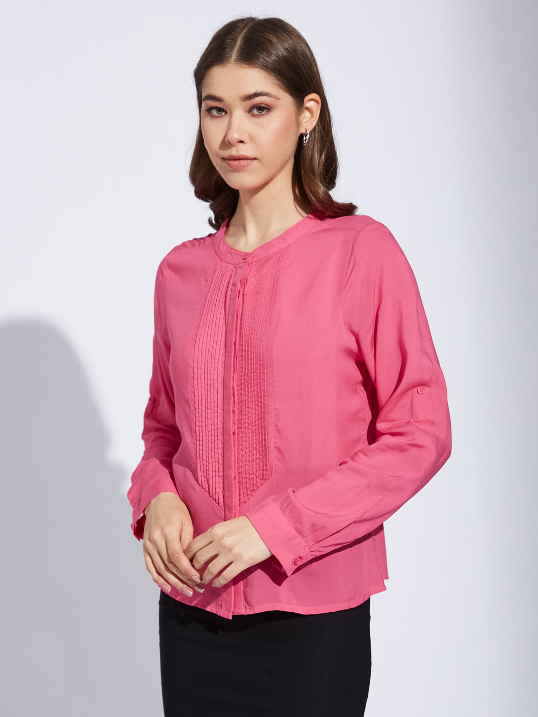 Latin Quarter Women Pink Mandarin Collar Full Sleeve Solid Shirt Blouse