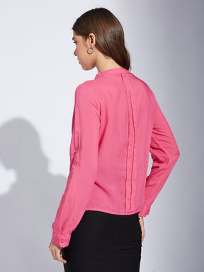 Latin Quarter Women Pink Mandarin Collar Full Sleeve Solid Shirt Blouse