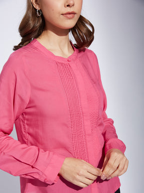 Latin Quarter Women Pink Mandarin Collar Full Sleeve Solid Shirt Blouse