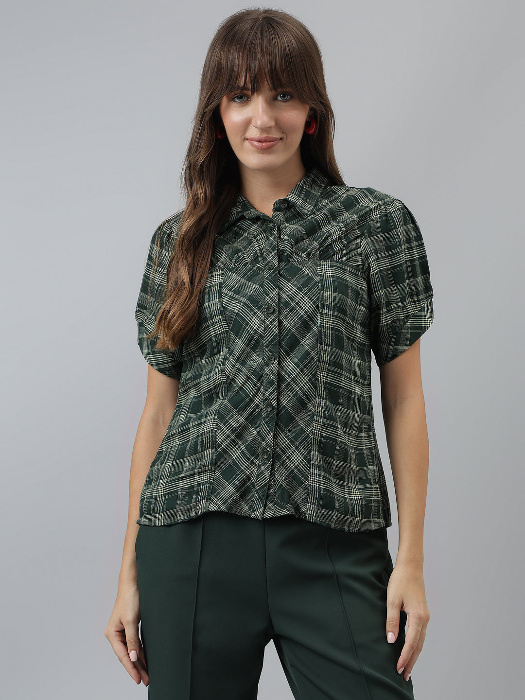 Latin Quarters Women'S Green Checks Collared Half Sleeve Casual Shirt