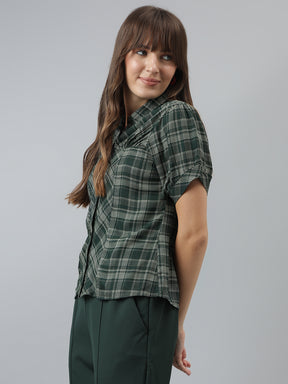 Latin Quarters Women'S Green Checks Collared Half Sleeve Casual Shirt