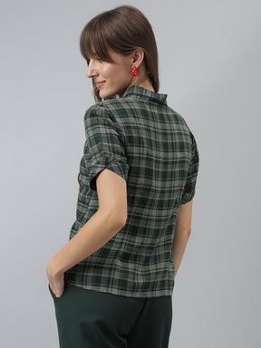 Latin Quarters Women'S Green Checks Collared Half Sleeve Casual Shirt