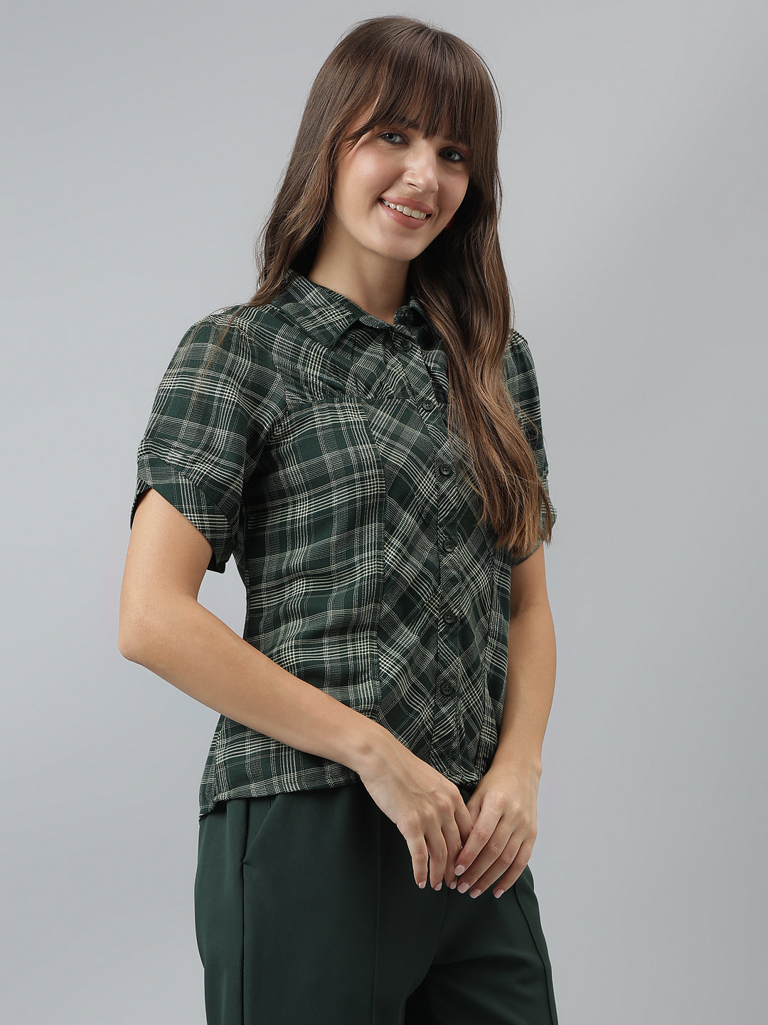 Latin Quarters Women'S Green Checks Collared Half Sleeve Casual Shirt