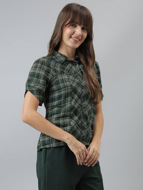 Latin Quarters Women'S Green Checks Collared Half Sleeve Casual Shirt