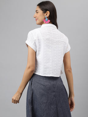 Latin Quarters Women'S White Embroidery Collared Cap Sleeve Casual Shirt