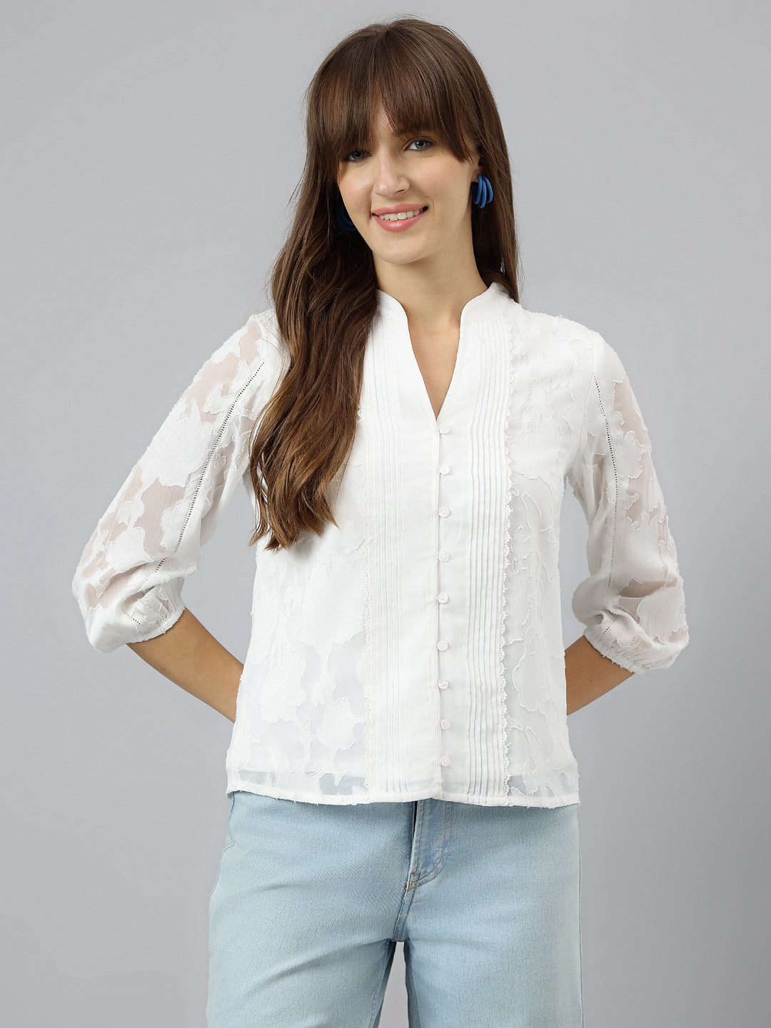 White V-Neck Three-Quarter Sleeves Solid Shirt For Casual Wear