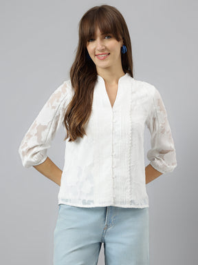 White V-Neck Three-Quarter Sleeves Solid Shirt For Casual Wear