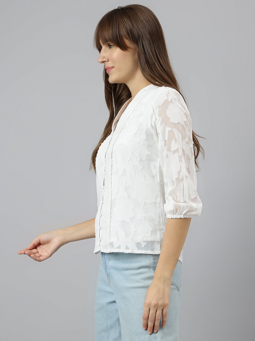 White V-Neck Three-Quarter Sleeves Solid Shirt For Casual Wear