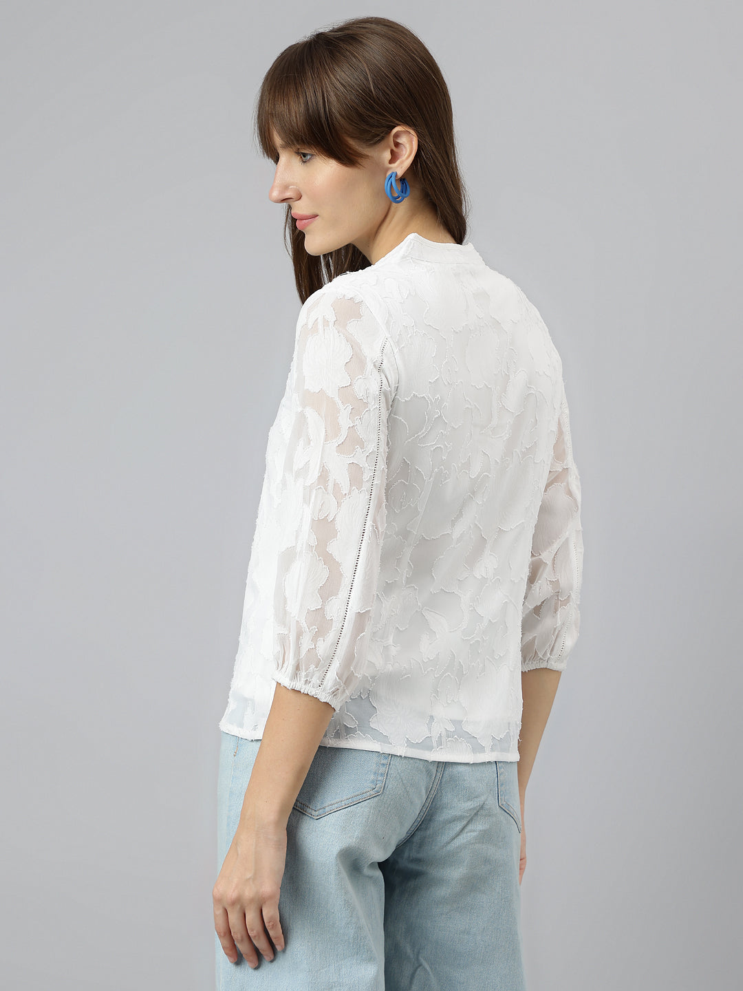 White V-Neck Three-Quarter Sleeves Solid Shirt For Casual Wear