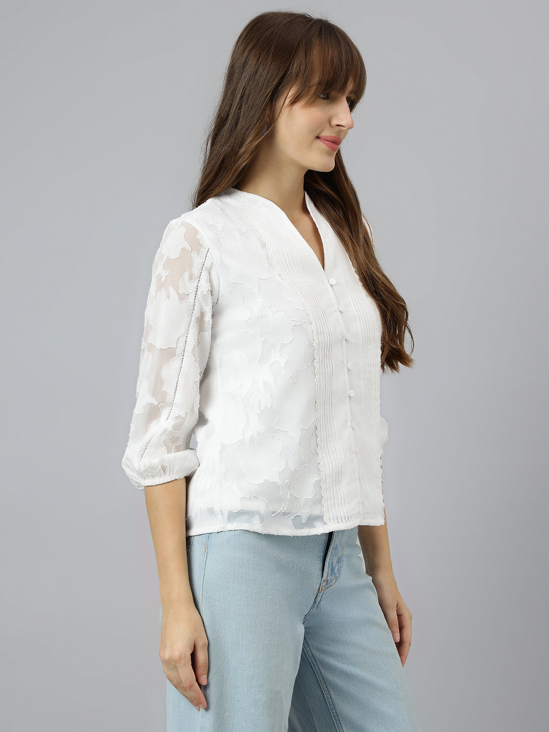 White V-Neck Three-Quarter Sleeves Solid Shirt For Casual Wear