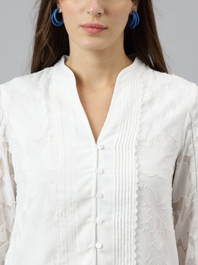 White V-Neck Three-Quarter Sleeves Solid Shirt For Casual Wear