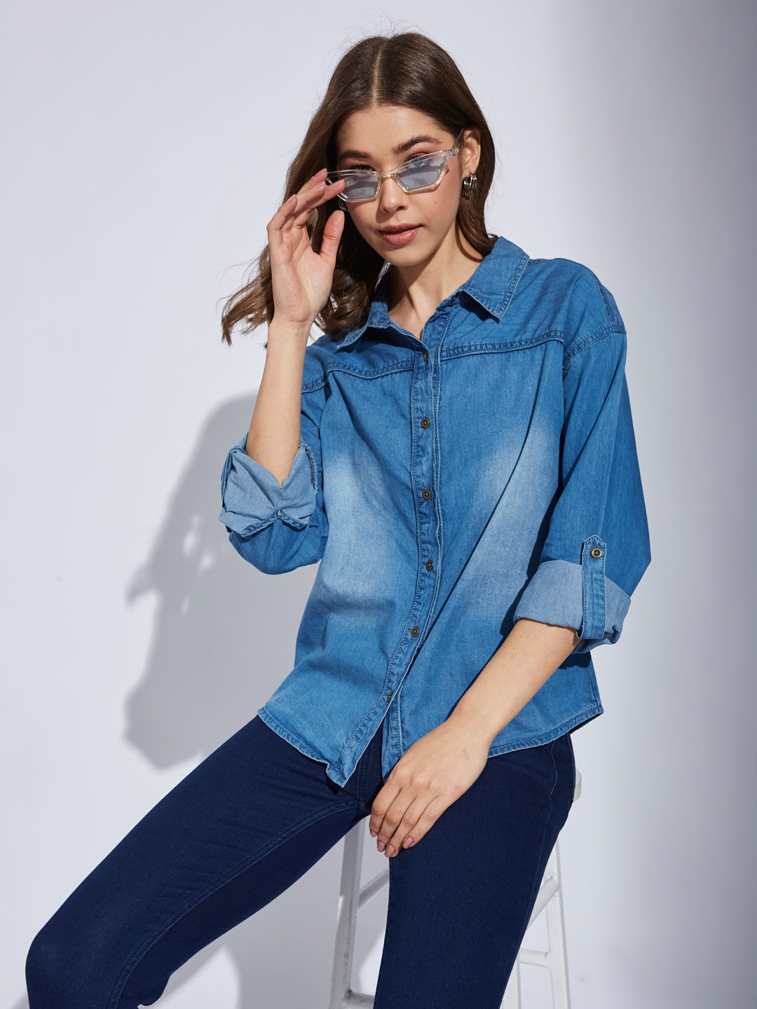 Latin Quarter Women Blue Collar Neck Full Sleeve Solid Shirt Blouse