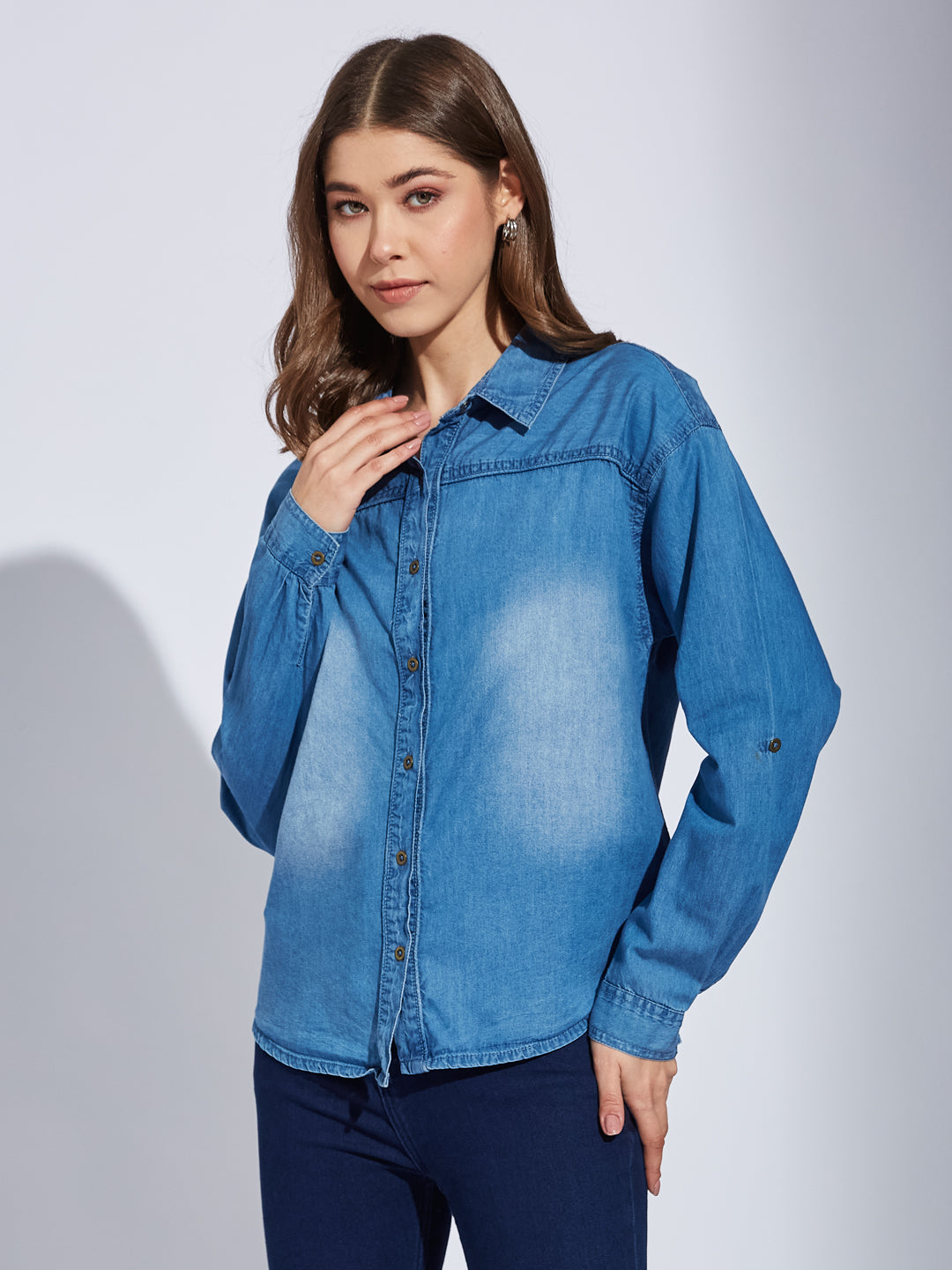 Latin Quarter Women Blue Collar Neck Full Sleeve Solid Shirt Blouse