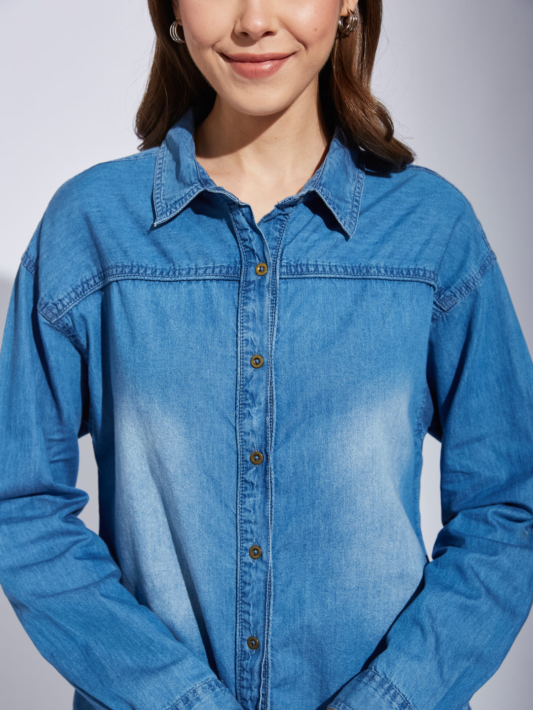 Latin Quarter Women Blue Collar Neck Full Sleeve Solid Shirt Blouse