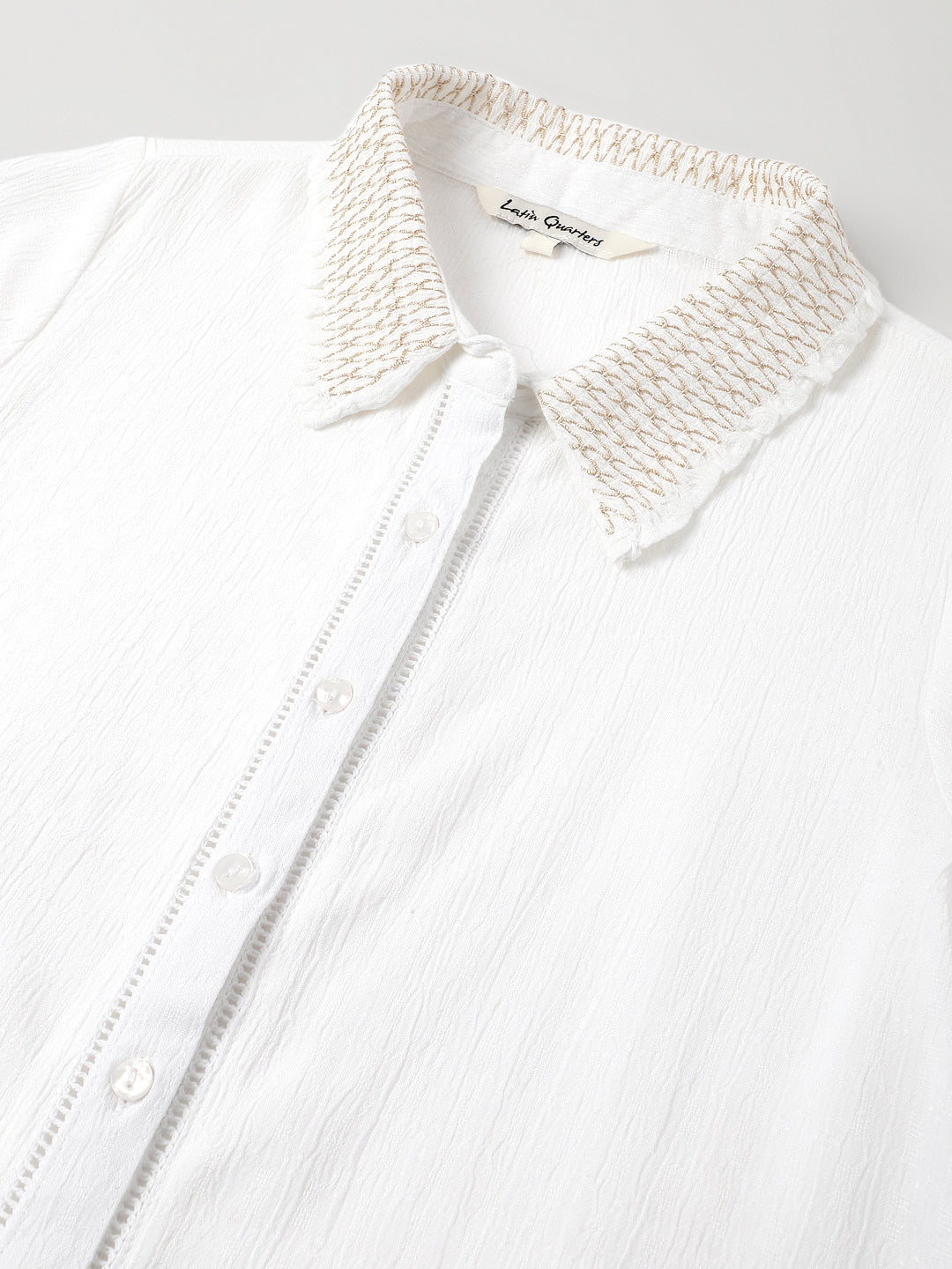Latin Quarters Women's White Solid Collared Half Sleeve Casual Shirt