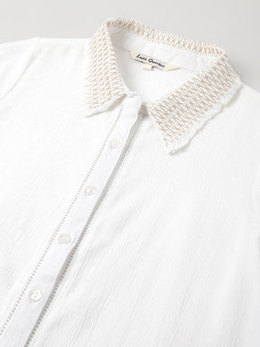 Latin Quarters Women's White Solid Collared Half Sleeve Casual Shirt