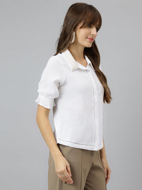 Latin Quarters Women's White Solid Collared Half Sleeve Casual Shirt