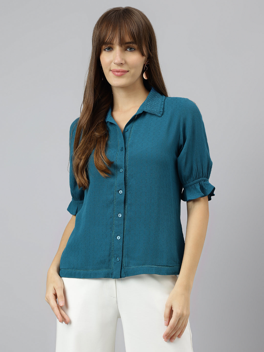 Teal Shirt Collar Short Sleeves Solid Shirt For Casual Wear