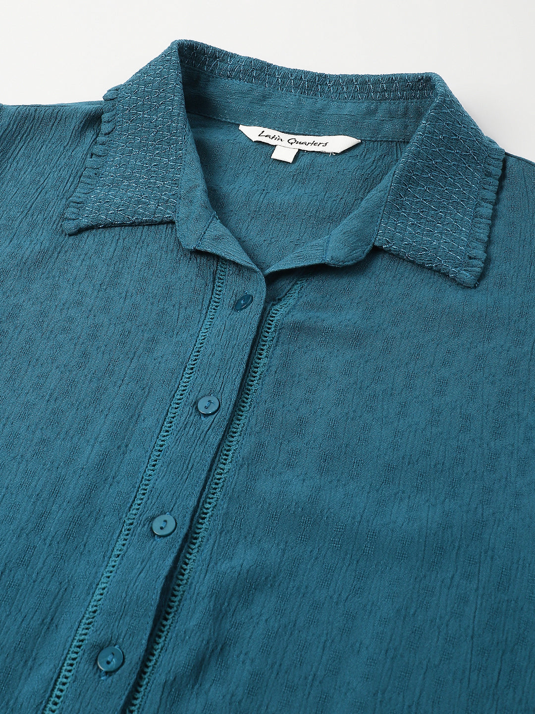 Teal Shirt Collar Short Sleeves Solid Shirt For Casual Wear