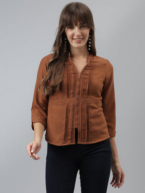 Solid Top Casual 3/4 Sleeves Brown Top