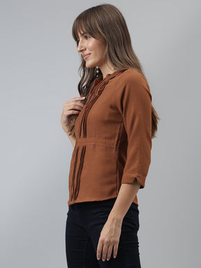 Solid Top Casual 3/4 Sleeves Brown Top