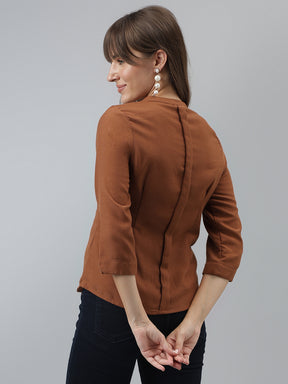 Solid Top Casual 3/4 Sleeves Brown Top