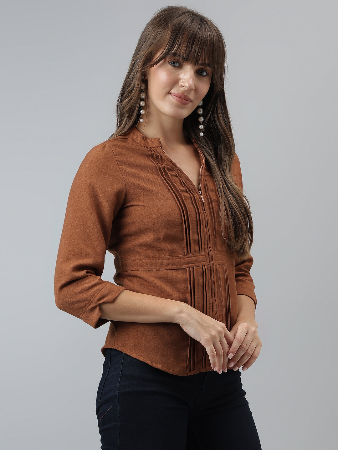 Solid Top Casual 3/4 Sleeves Brown Top