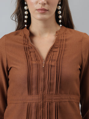 Solid Top Casual 3/4 Sleeves Brown Top