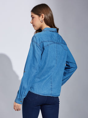 Latin Quarters Women Blue Solid Collared Long Sleeve Casual Regular Shirt
