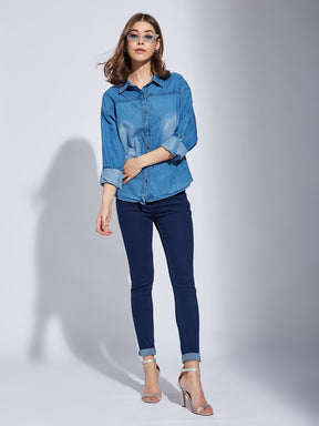 Latin Quarters Women Blue Solid Collared Long Sleeve Casual Regular Shirt