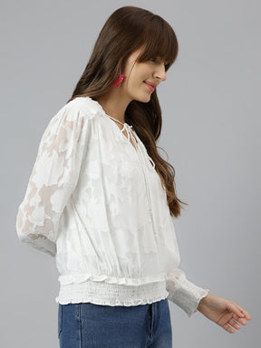 Latin Quarters Women White V Neck Full Sleeve Solid Top