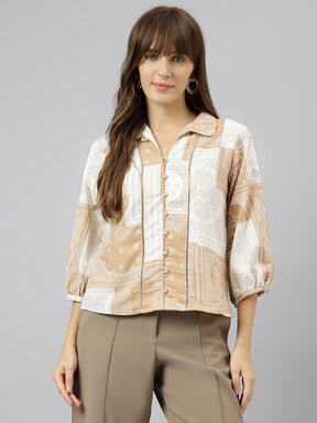 Beige Shirt Collar Three-Quarter Sleeves Printed Shirt For Casual Wear