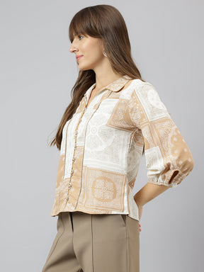 Beige Shirt Collar Three-Quarter Sleeves Printed Shirt For Casual Wear