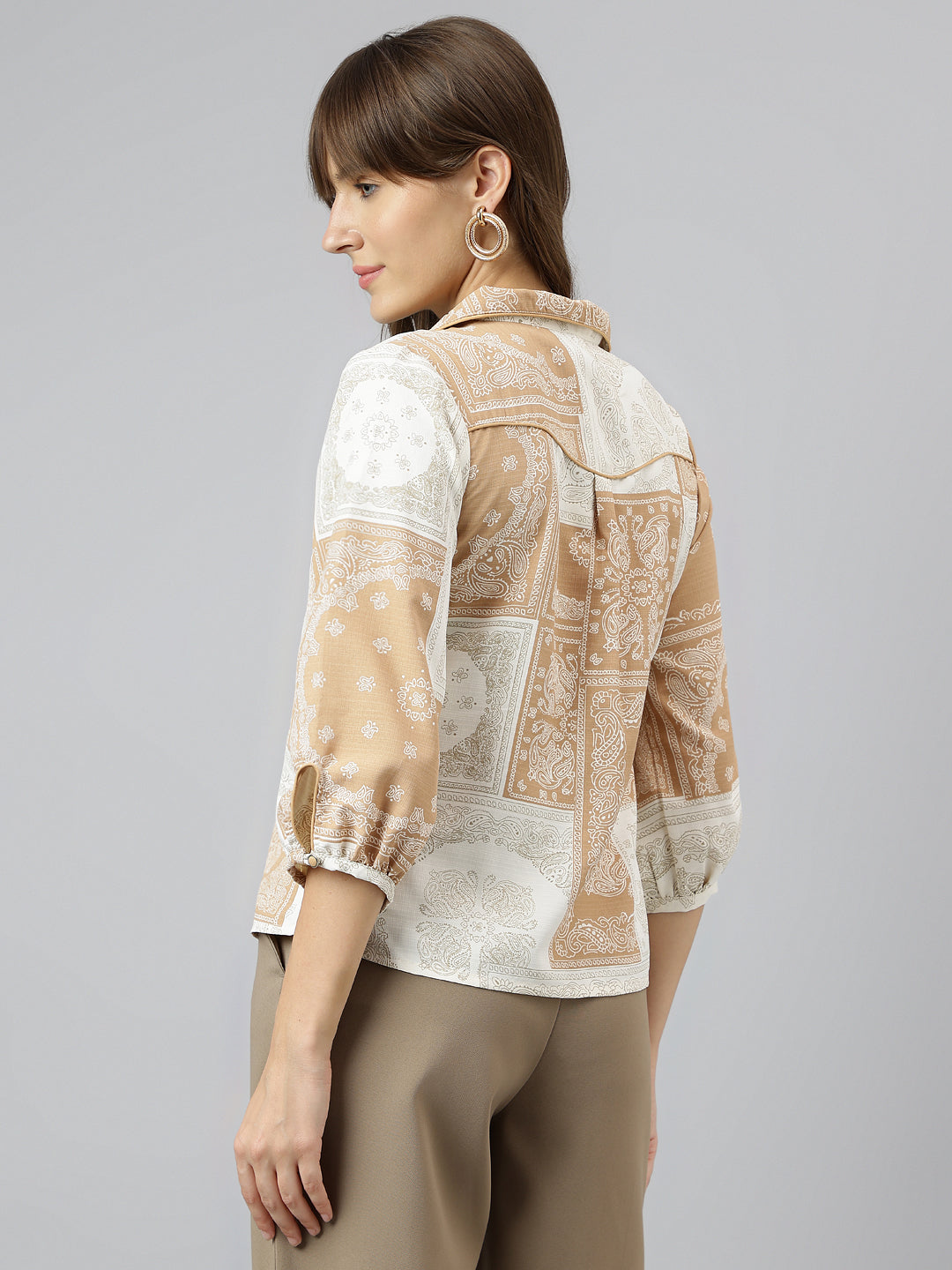 Beige Shirt Collar Three-Quarter Sleeves Printed Shirt For Casual Wear