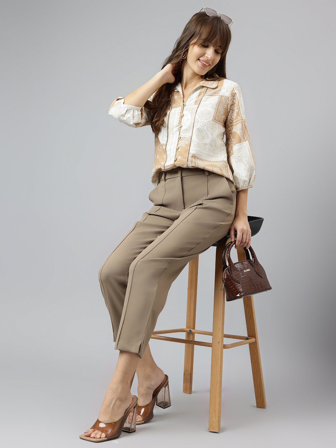 Beige Shirt Collar Three-Quarter Sleeves Printed Shirt For Casual Wear