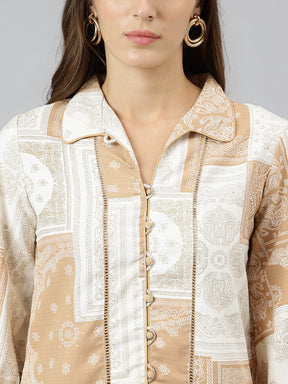 Beige Shirt Collar Three-Quarter Sleeves Printed Shirt For Casual Wear