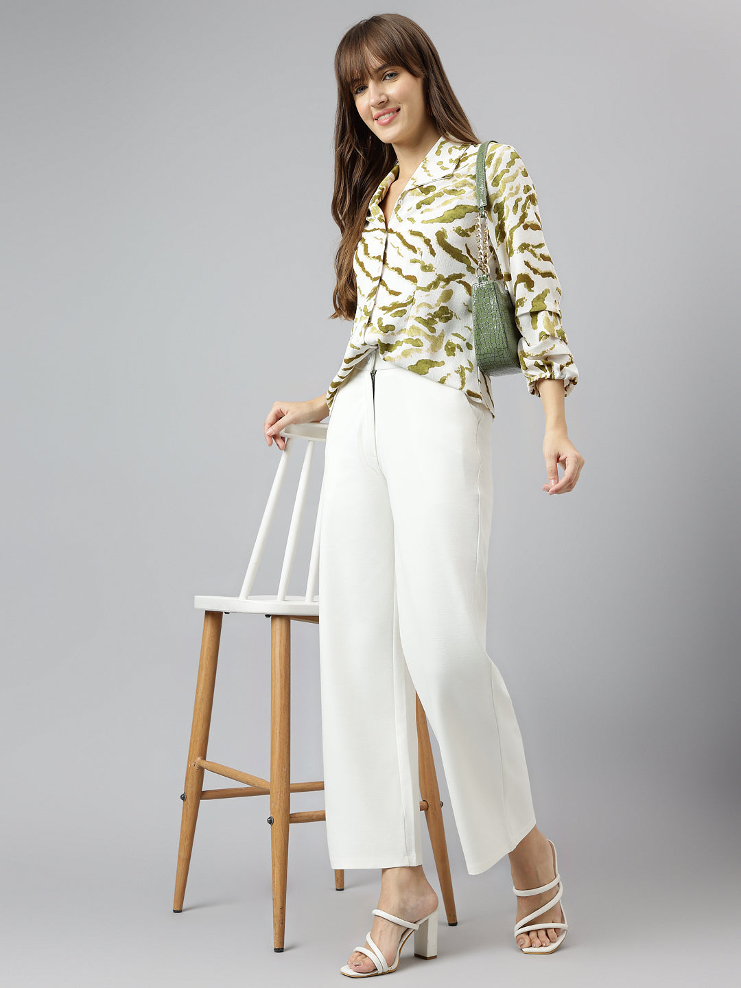 Latin Quarters Women'S Green Printed Collared 3/4Th Sleeve Formal Shirt