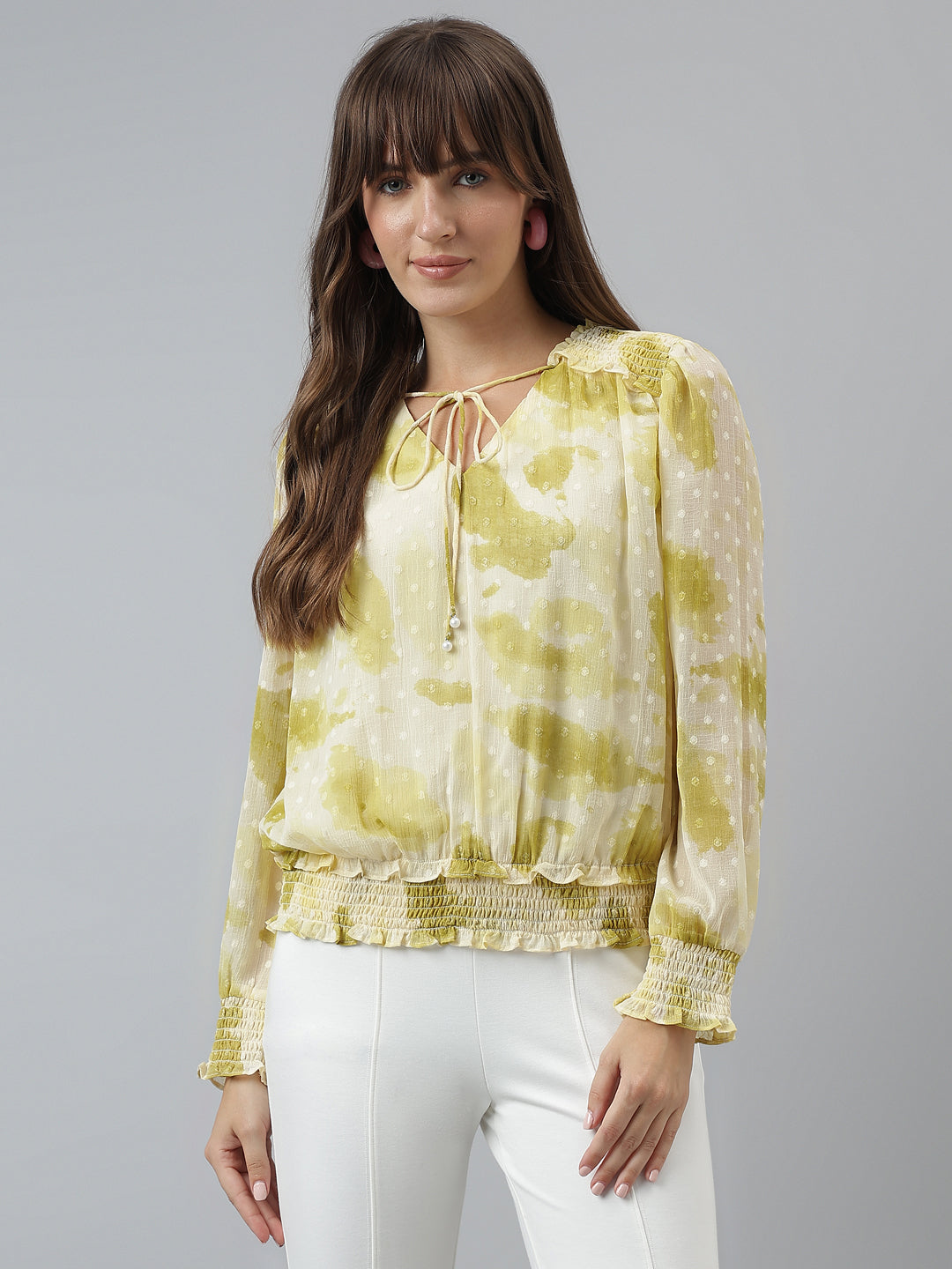 Printed Top Casual Full Sleeves Yellow Top
