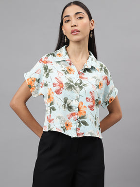 Green Short Sleeve Collar Crop Shirt