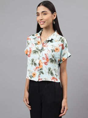 Green Short Sleeve Collar Crop Shirt