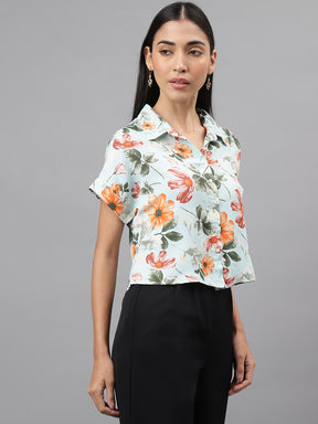 Green Short Sleeve Collar Crop Shirt