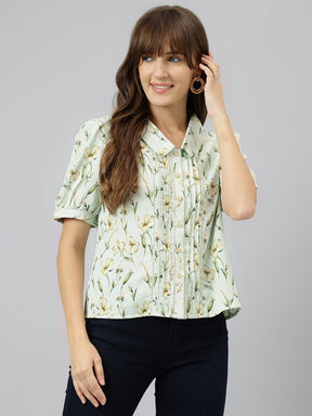 Green Spread Collar Short Sleeves Printed Shirt For Casual Wear