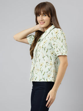 Latin Quarters Women Green Collar Neck Short Sleeves Printed Shirt