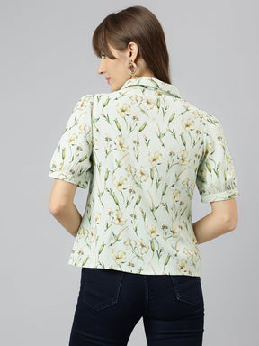 Green Spread Collar Short Sleeves Printed Shirt For Casual Wear